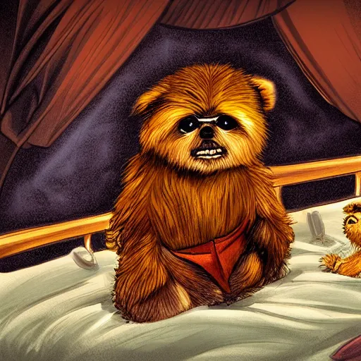 Image similar to ewok watching a movie from his bed, digital art, colourful