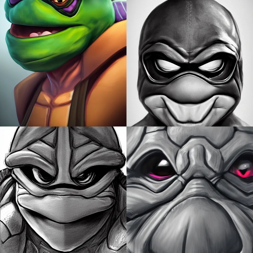 Prompt: a study of cell shaded portrait very close up face of ninja turtle looking at camera as concept art, llustration, concept art by Farley , highly detailed, sharp focus, Trending on Artstation, HQ, deviantart