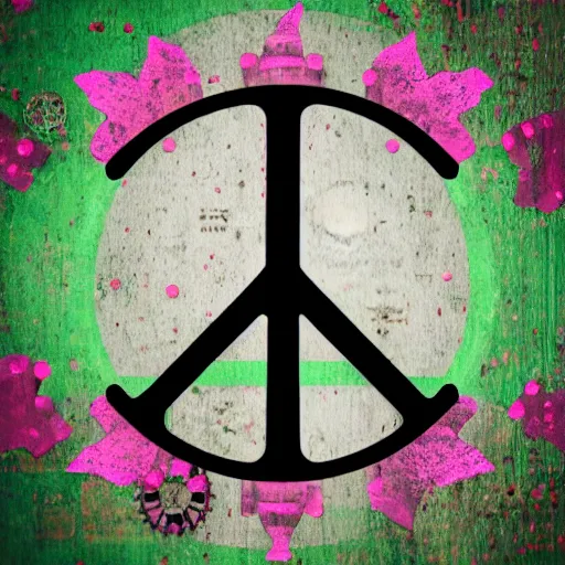 Prompt: Peace symbol covered in mechanical flowers against a dark green background, steampunk