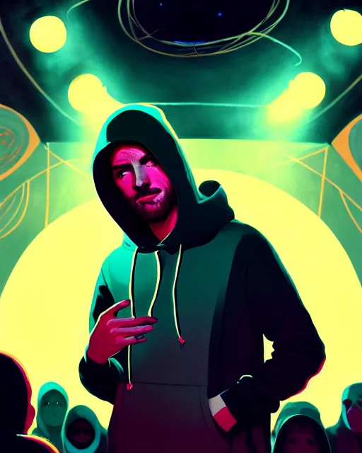 Image similar to tomorrowland, hyper - realistic portrait of a man in a hoodie, on the stage of a music festival, intricate, 4 k, by atey ghailan, by greg rutkowski, by greg tocchini, by james gilleard, by joe fenton, by kaethe butcher, dynamic lighting, lighting color scheme, sharp focus, grunge aesthetic