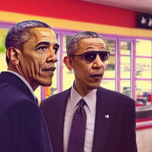 Image similar to blurry film still of obama meeting gus fring at los pollos hermanos, breaking bad scene, octane render, 4k, photorealistic, detailed