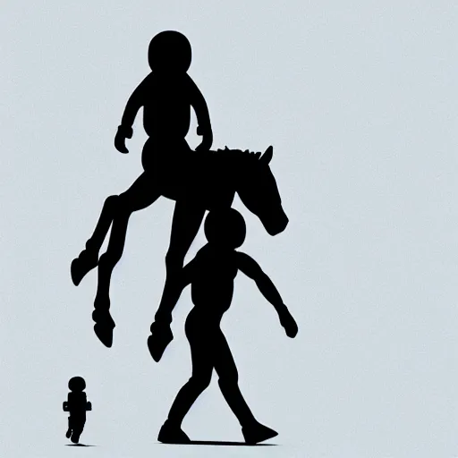 Image similar to an astronaut standing on the ground and a small trippy aggressive centaur standing on that poor little human standing on all fours astronaut, trying to ride it, the centaur is on his shoulders, minimalist style, 3 d render, isometry