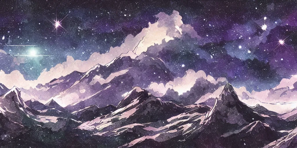 Image similar to stunning cold mountain landscape with sky full of galaxies by posuka demizu