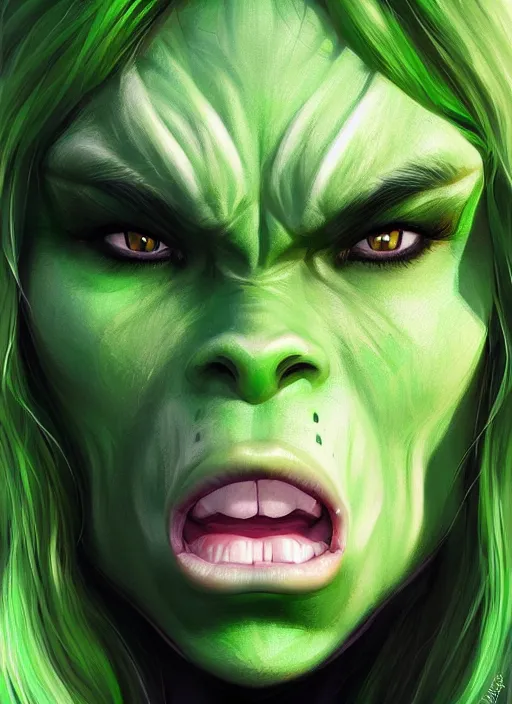 Image similar to green orc female, light green tone beautiful face, by artgerm, digital painting