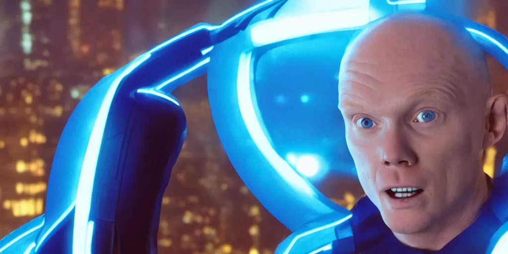 Image similar to a film still of Bill burr in Tron, high quality