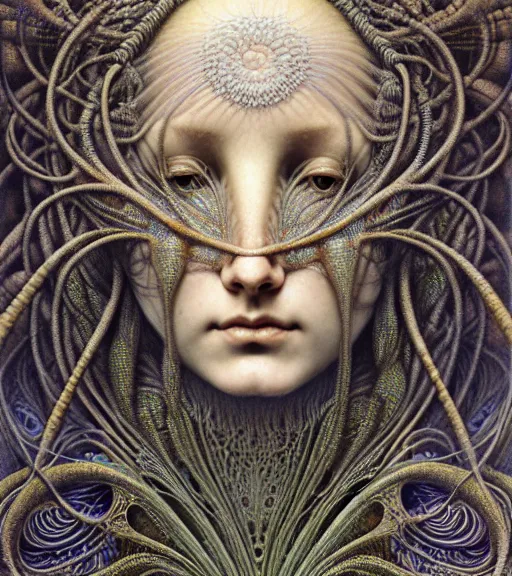 Image similar to detailed realistic beautiful summer goddess face portrait by jean delville, gustave dore, iris van herpen and marco mazzoni, art forms of nature by ernst haeckel, art nouveau, symbolist, visionary, gothic, neo - gothic, pre - raphaelite, fractal lace, intricate alien botanicals, ai biodiversity, surreality, hyperdetailed ultrasharp octane render