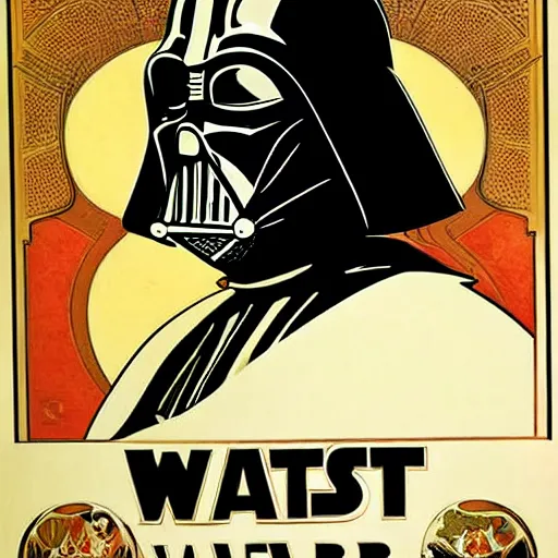 Image similar to Darth Vader helmet , elegant art nouveau poster by Alphonse Mucha, james gurney