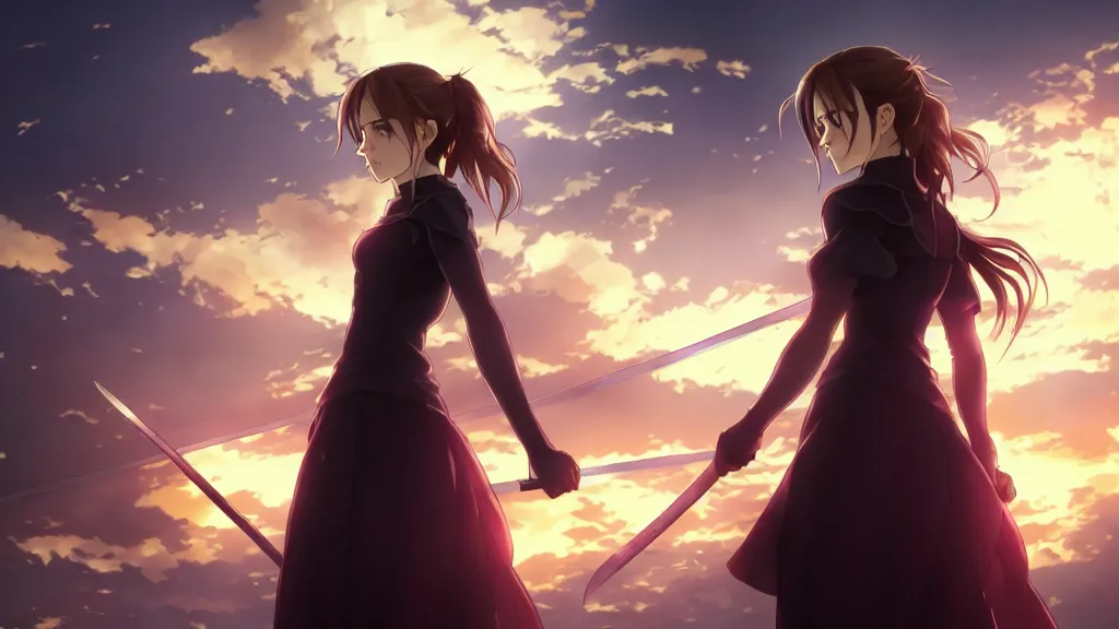 Image similar to emma watson in heavens feel movie, demon slayer, ufotable, high quality, artgerm, action, street lamp, on a street at night, fate stay night, unlimited blade works, greg rutkowski, high resolution, dynamic pose, medium portrait, street clothes, action, hyper realistic, anime, koyoharu gotouge, sakuga