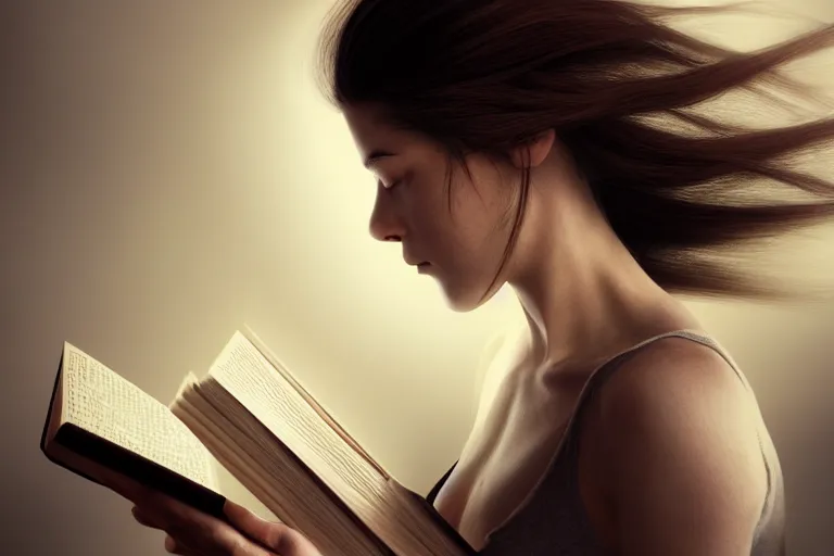 Prompt: an ultra realistic, cinematic, headshot portrait, of a girl reading a book, hair flowing down, facial features, detailed, deep focus, movie still, dramatic lighting, ray tracing, by michal karcz and yoshitaka amano