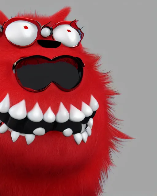 Prompt: 3 d render of red hairy friendly monster smiling wearing chrome shades, cartoony, white background, unreal engine 5
