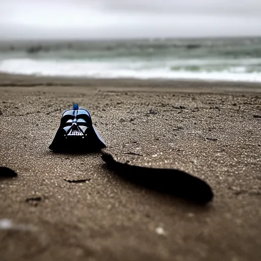 Prompt: darth vader mask laying on an abandoned beach, crabs crawling around, raining, somber