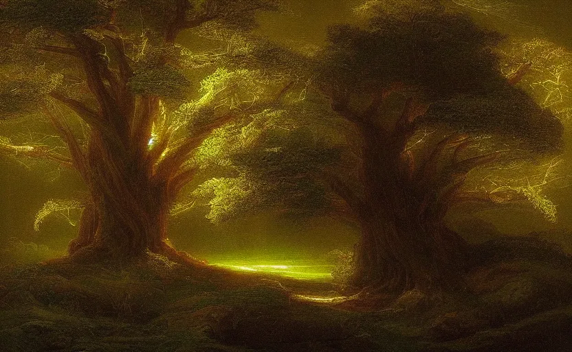 Image similar to a tree made of light painted by thomas cole