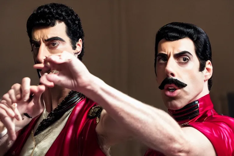 Image similar to promotional image of Sacha Baron Cohen as Freddie Mercury in 'Bohemian Rhapsody' (2018) directed by Dexter Fletcher, detailed face, movie still frame, promotional image, imax 70 mm footage