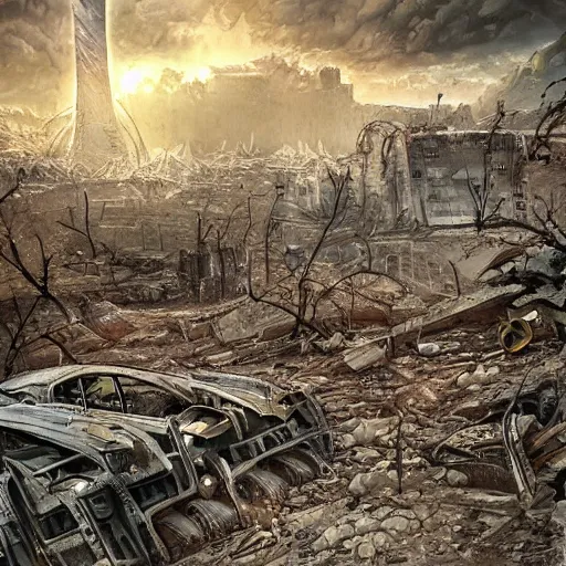 Prompt: destroyed city wasteland, radioactive radiation, nuclear winter, artgerm