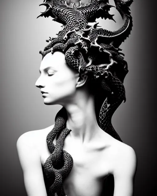 Image similar to dark background, a black and white high quality dreamy photo of a young beautiful female queen-dragon-vegetal-cyborg bust with a very long neck and delicate Mandelbrot fractal face, elegant, highly detailed, flesh highly baroque ornate, hair are curled wired cables, elegant, poetic, soft, dreamy, mysterious, high fashion, rim light, in the style of Ellen von Unwerth, Realistic, Refined, Digital Art, Highly Detailed, Cinematic Lighting, rim light, black and white, photo-realistic, 8K