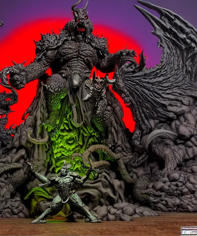 Image similar to a hyperrealistic rendering of an epic boss fight against an ornate supreme dark overlord by art of skinner and richard corben, product photography, mountain nightmare castle playset, collectible action figure, sofubi, neon color