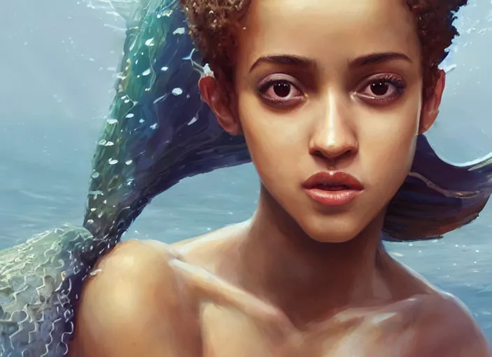 Image similar to A portrait of Nathalie Emmanuel as a mermaid by Ruan Jia and Mandy Jurgens and Artgerm and william-adolphe bouguerea, highly detailed, trending on artstation, award winning