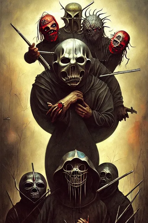 Image similar to hieronymus bosch, greg rutkowski, anna podedworna, painting of slipknot the band