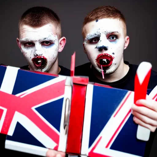 Image similar to mid-shot portrait photograph of two male British chav youths holding box cutter knives, with white powder on their faces, wearing the Union Jack, high quality