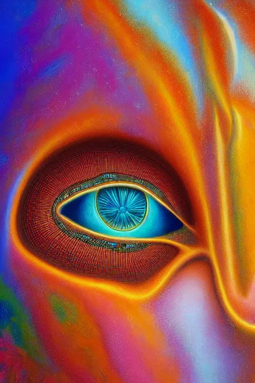 Image similar to hyperrealistic abstract close-up Renaissance psychedelic!! celestial happy! pure creature!! peaceful! kind spirit of nature! beautiful fractal!! eyes! highly detailed concept art eric zener elson peter cinematic hard rainbow lighting high angle hd 8k sharp shallow depth of field endless, inspired by Zdzisław Beksiński Salvador Dali