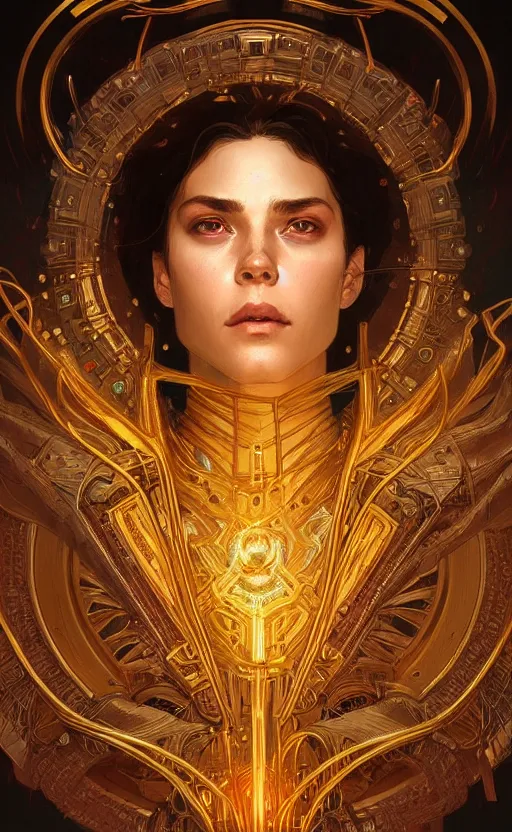 Image similar to portrait of a young handsome dark god, gold wires, intricate, headshot, highly detailed, digital painting, artstation, concept art, sharp focus, cinematic lighting, illustration, art by artgerm and greg rutkowski, alphonse mucha, cgsociety