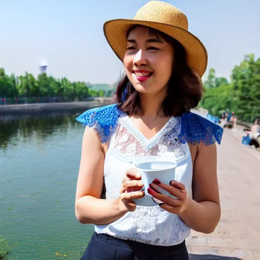 Image similar to a beautiful woman wearing a blue lace top and a white hat, drinking coffee by a river in beijing