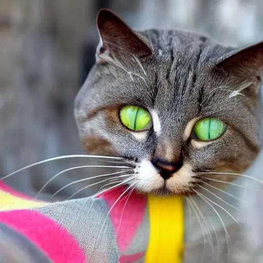 Prompt: gato gris con un sobrero de color rojo en una habitación amarilla