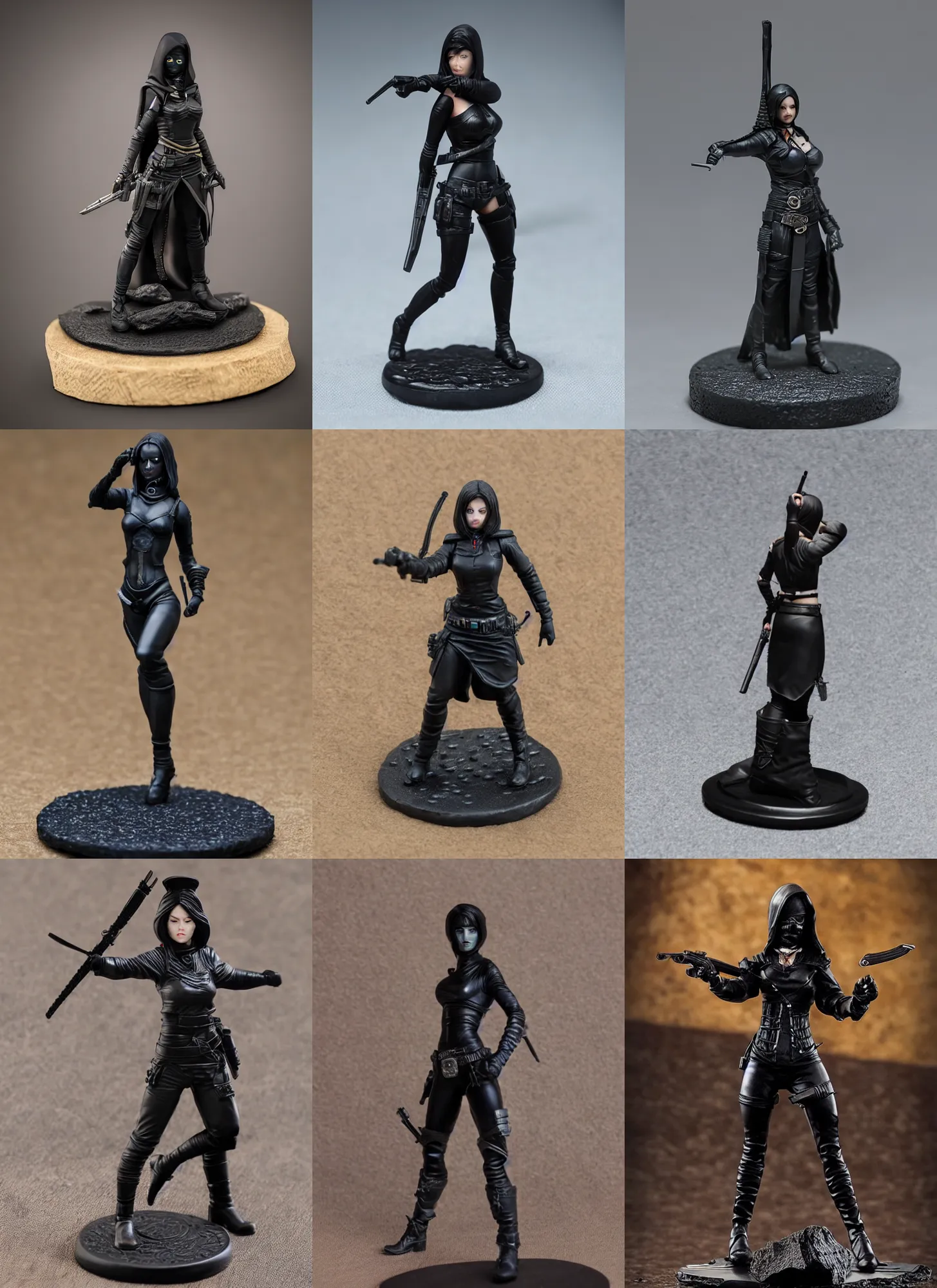 Prompt: 80mm resin detailed miniature of a assassin woman in black, face, stomach, navel, boots, Logo, textured disc base; Product Introduction Photos, 4K, view from front