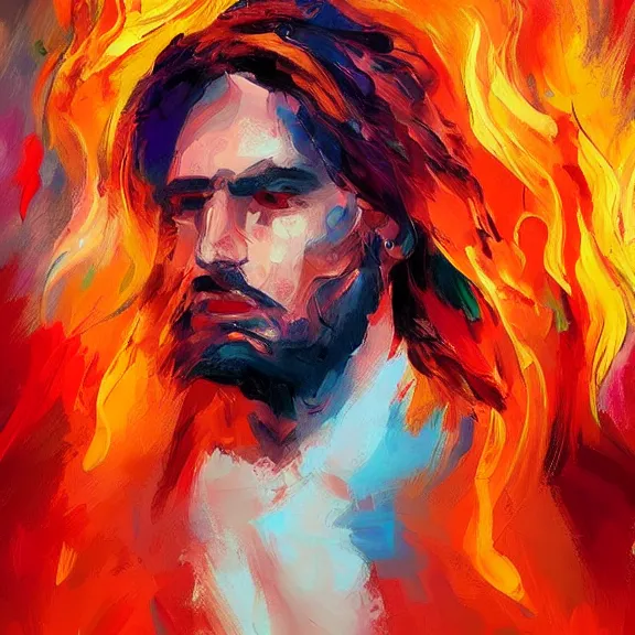 Image similar to abstract painting of man on fire. Handsome. Long hair. portrait. ArtStation. Impressionist