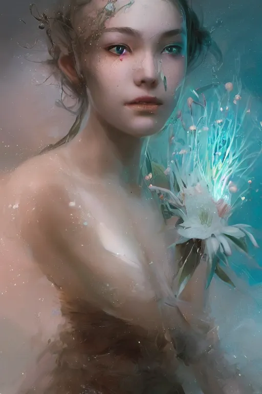 Image similar to face closeup a young beautiful girl drowned in water exploding into electricity, wearing crystal white feathers, 3 d render, hyper realistic detailed portrait, holding magic flowers, ruan jia, wlop. scifi, fantasy, hyper detailed, octane render, concept art, by peter mohrbacher, by wlop, by ruan jia
