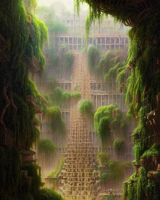 Image similar to a hyper - detailed 3 d render like a oil painting of the hanging garden of babylon surrealism!!!!! surreal concept art, lifelike, photorealistic, digital painting, aesthetic, smooth, sharp focus, artstation hd, by greg rutkowski, bruce pennington, valentina remenar and asher duran,