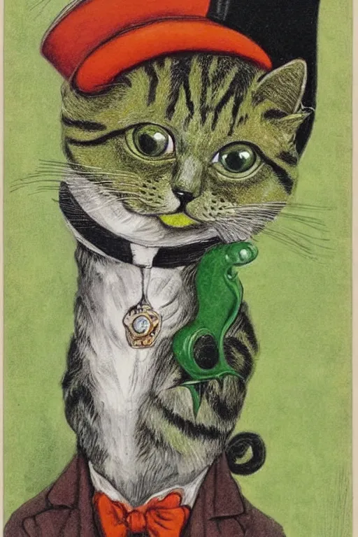 Image similar to 3 / 4 portrait of a cat wearing a top hat and a green three piece suit with a fish in its mouth, by louis wain and david tibet