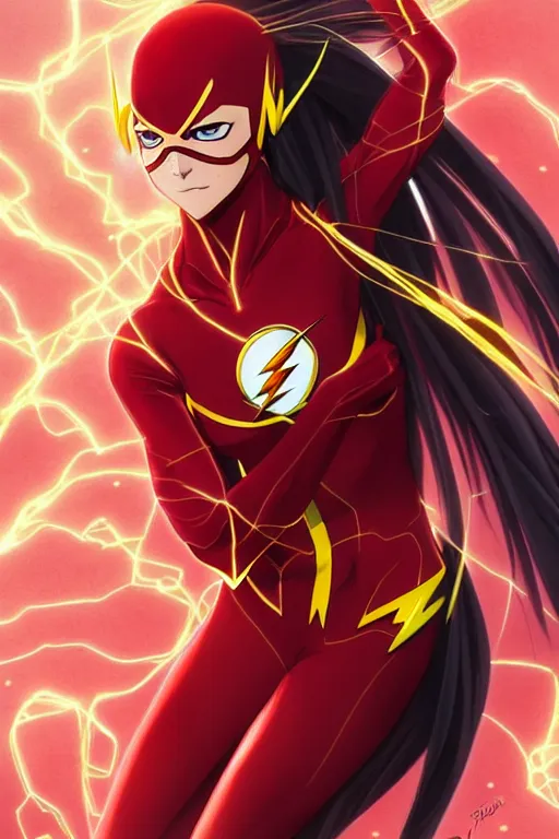 Image similar to anime key visual of a beautiful female the flash!! intricate, red, black, gold suit, powers, speed, lightning hate, dc comics, cinematic, stunning, highly detailed, digital painting, artstation, smooth, hard focus, illustration, art by artgerm and greg rutkowski and alphonse mucha