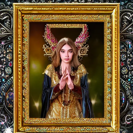 Prompt: a beautiful female fantasy wizard dressed in ornate robes wearing sparkling gold jewelry, 4 k, detailed