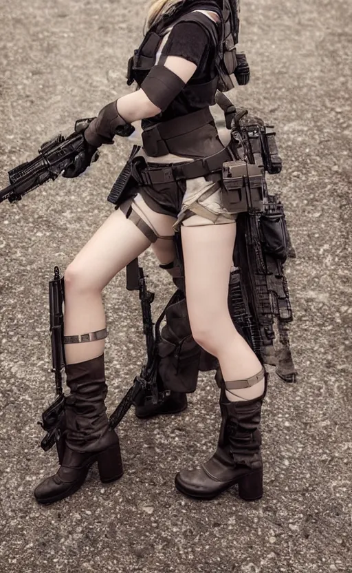 Prompt: portrait photo, highly detailed, high resolution, cosplay photo, stunning, girls frontline style, bokeh soft, 100mm, trending on instagram, by professional photographer, realistic human anatomy, real human faces, realistic military carrier, soldier clothing, mechanical exoskeleton supporting the body, modern warfare, realistic guns, shot with a canon, low saturation