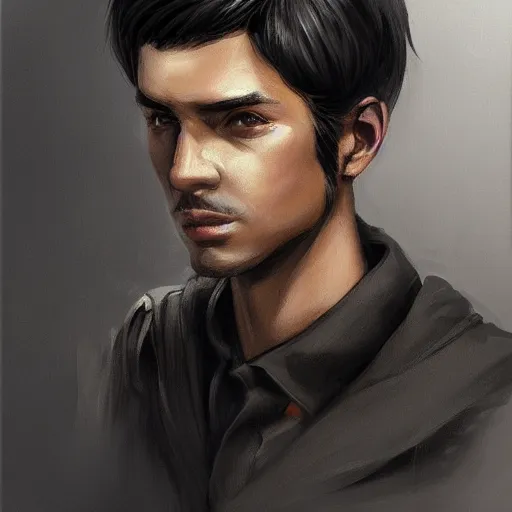 Prompt: portrait of a man by Artgerm, he is about 30 years old, short black hair with bangs, his features are a mix between French, Turkish and Russian and he is wearing a beige and black utility jumpsuit, highly detailed portrait, digital painting, artstation, concept art, smooth, sharp foccus ilustration, Artstation HQ