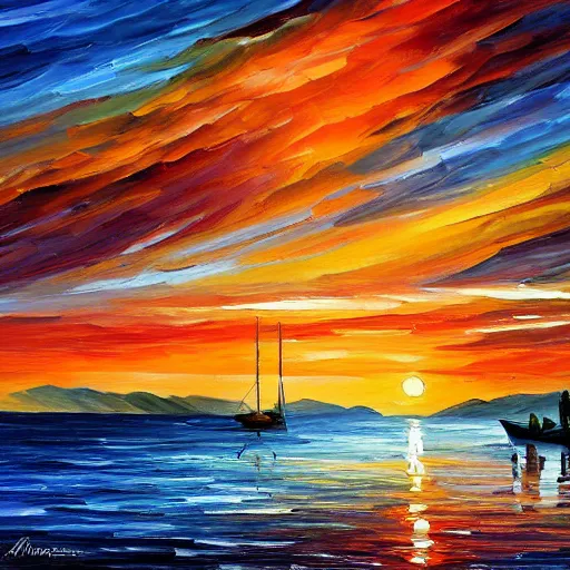 Image similar to sunset on the lake, by leonid afremov