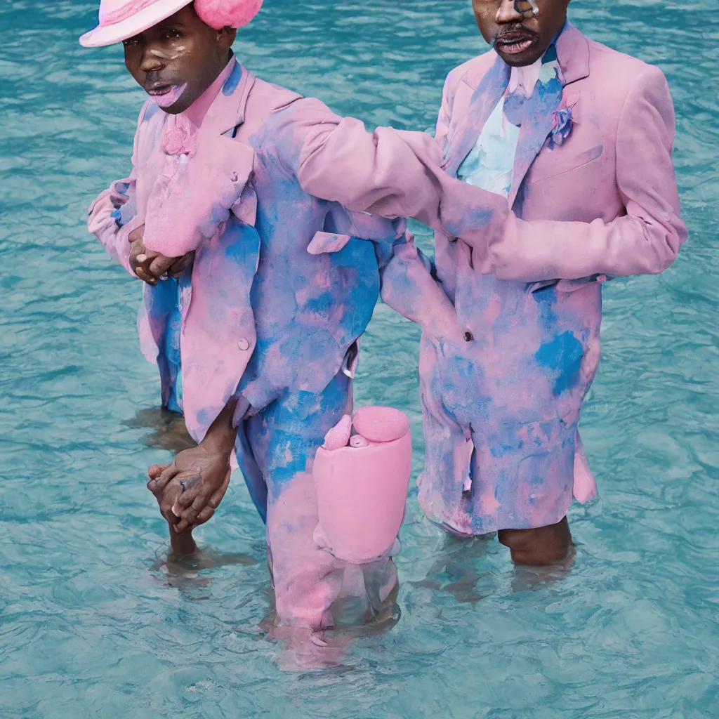 Prompt: Magazine style cover photo of a pastel colored men with blue lips, wearing a pink 3d rendered hat on top of his head. Standing in knee-deep water. Telephoto lens, f2/8