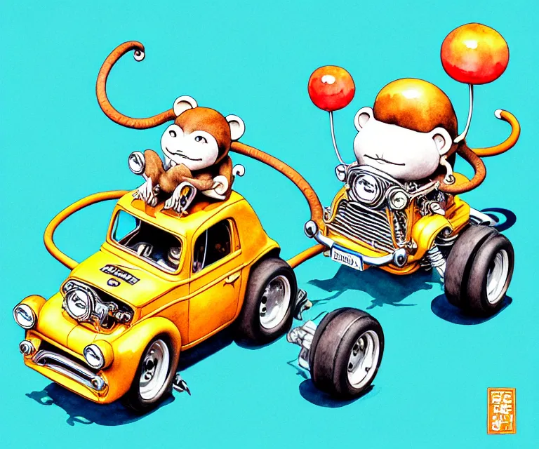 Image similar to cute and funny, monkey riding in a tiny hot rod with oversized engine, ratfink style by ed roth, centered award winning watercolor pen illustration, isometric illustration by chihiro iwasaki, edited by range murata, tiny details by artgerm, symmetrically isometrically centered