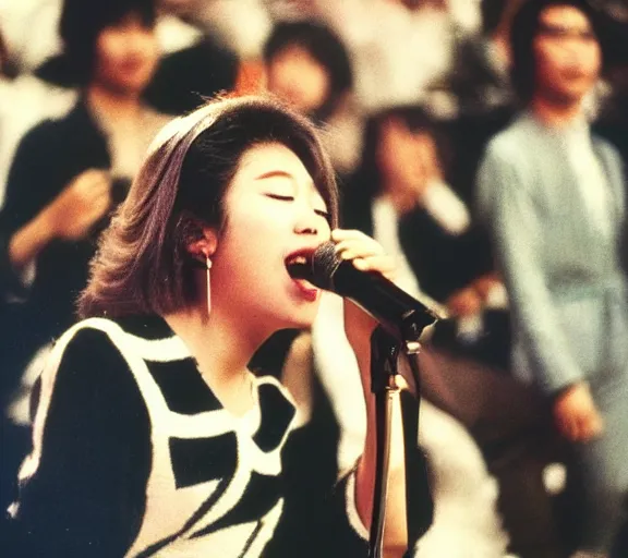 Image similar to photo of singer singing in an japan 1 9 8 0 pop big concert, photo by louise dahl - wolfe, color photo, colored