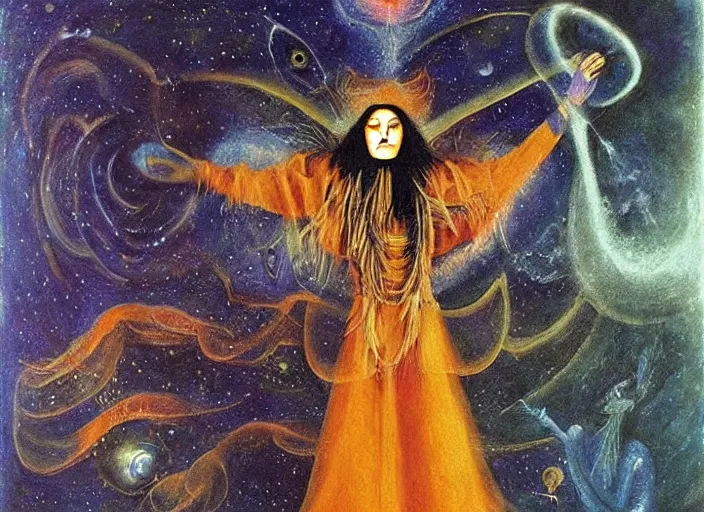 Prompt: a shaman woman holding up the cosmic!!! universe, by remedios varo, magic, reflection, symbolist!, psychedelic colors, dramatic lighting, smooth, sharp focus, extremely detailed, aesthetically pleasing composition