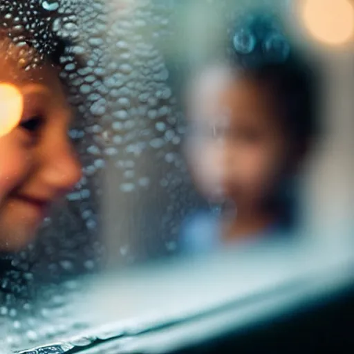 Prompt: a children photographed through a rainy window, bokeh, cinematic light, candles,