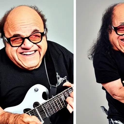 Prompt: Danny DeVito in a death metal band shredding the guitar