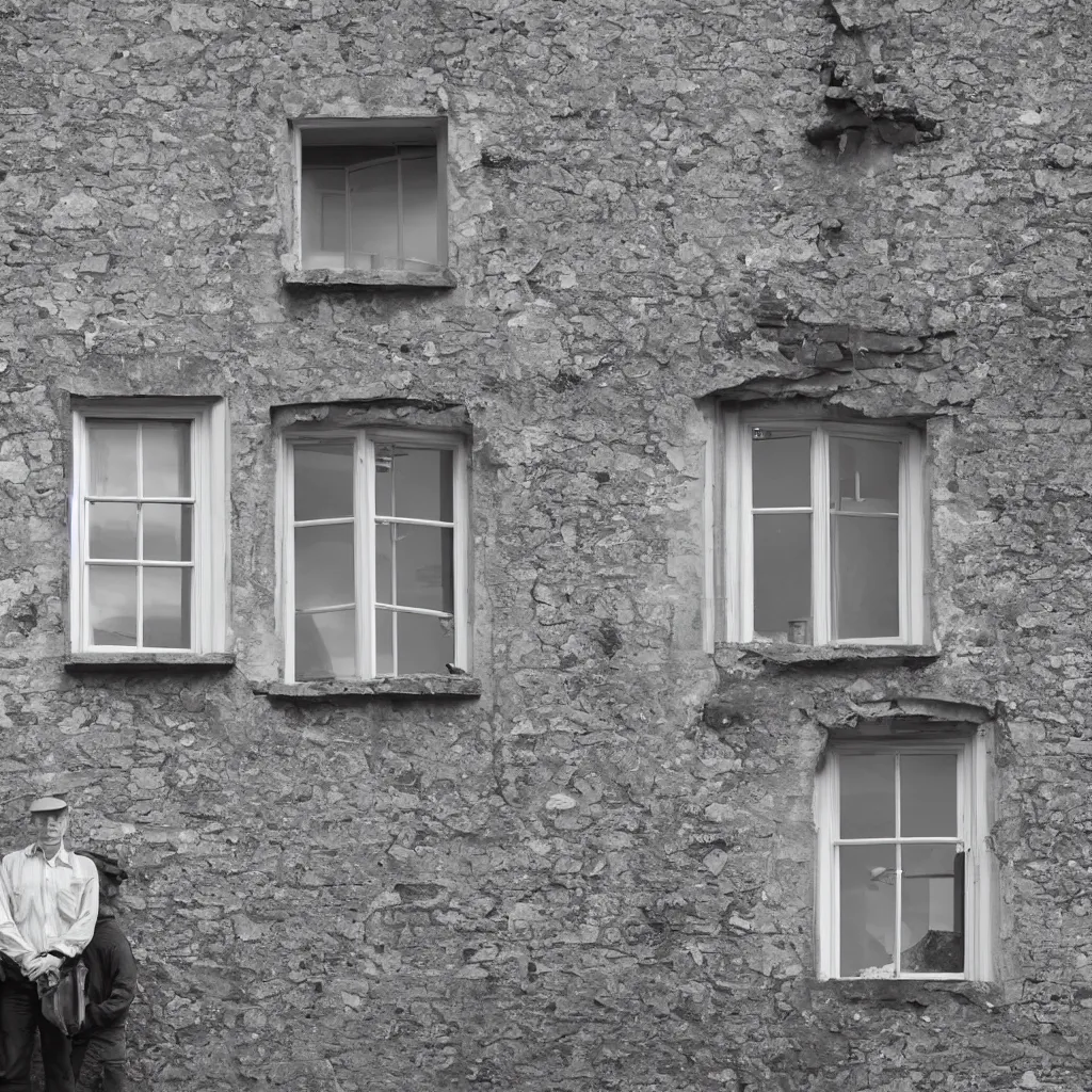 Image similar to single triangular or round sash window on a british wall, surprised and perplexed builders standing in front of it