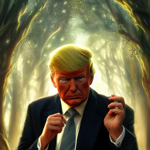 Image similar to ultra realistic illustration of magical president trump, forest, fantasy, colorful lights, intricate, elegant, highly detailed, digital painting, artstation, concept art, smooth, sharp focus, illustration, art by artgerm and greg rutkowski and alphonse mucha