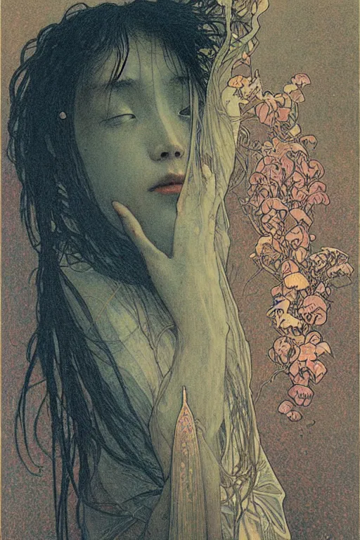 Image similar to alphonse mucha meet beksinski, japanese woman