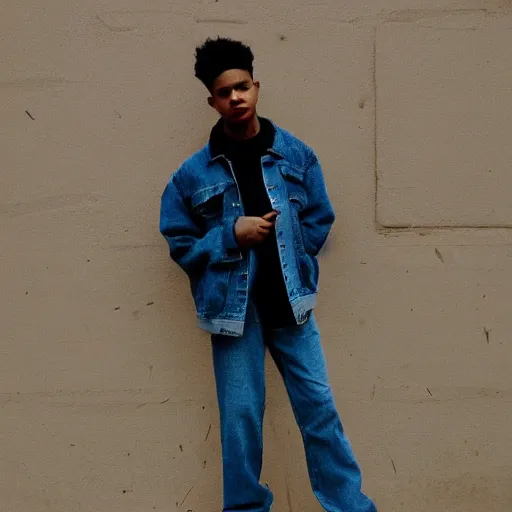 Prompt: realistic! photoshoot for a new nike lookbook, color film photography, portrait of a beautiful person, person wears a jeans jacket, photo in style of tyler mitchell, 35mm