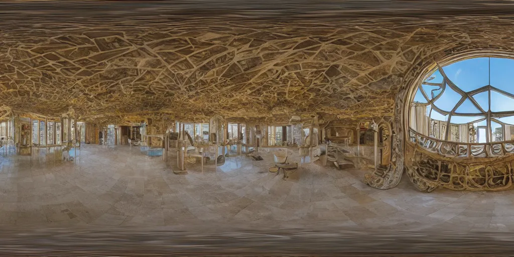 Prompt: seamless equirectangular projection of a 3 6 0 view inside a building made by gaudi