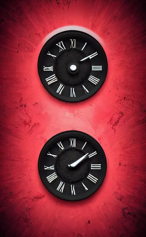 Image similar to a melting Roman numeral clock, behind a red and black gradient background, awith a black heart shaped on the top left corner and a black diamond card shape in the bottom right corner, dynamic lighting, photorealistic fantasy concept art, trending on art station, stunning visuals, cinematic, creative, ultra detailed