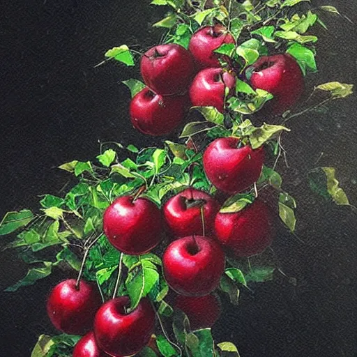 Image similar to a tree with many black colored apples (((leaves))) black poison apples, #black apples, ?black apples, !black apples, •black apples painted by rossdraws, greg rutkowski, thomas kindkade